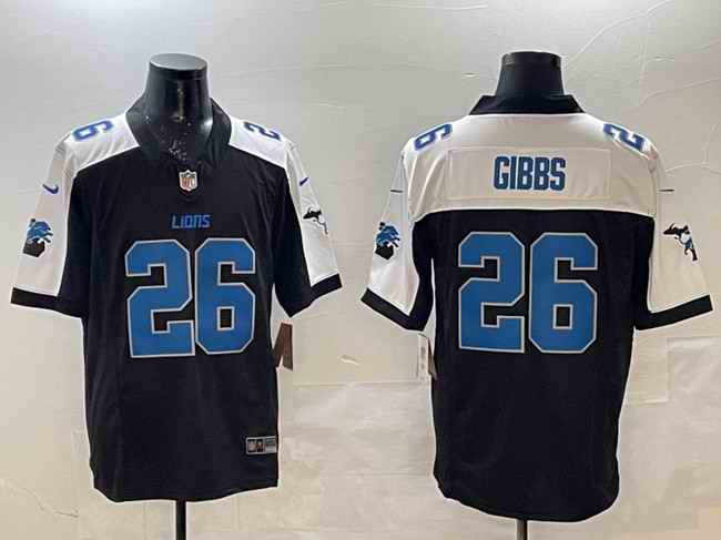 Men's Detroit Lions #26 Jahmyr Gibbs Black/White F.U.S.E. 2024 Michigan Patch Vapor Limited Stitched Jersey